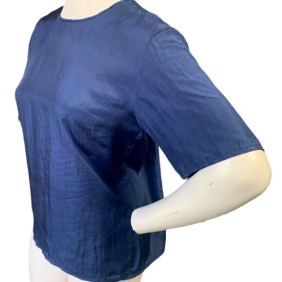 Jonathan Martin Silk Short Sleeve Crew Neck Tee Top Blouse Sz S Navy Blue 3A - Picture 3 of 7